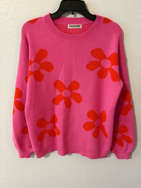 Ecowish Sweaters - Ecowish Pink Crewneck Sweater with Orange Floral Design
